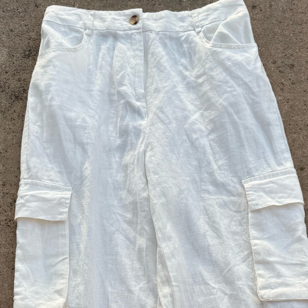 HG - Off White Cargo Linen Pants Size M Wide Leg - Picture 2 of 11